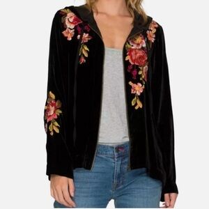 Johnny Was Malui Floral Embroidered Black Velvet Hoodie Jacket Zip Up Large